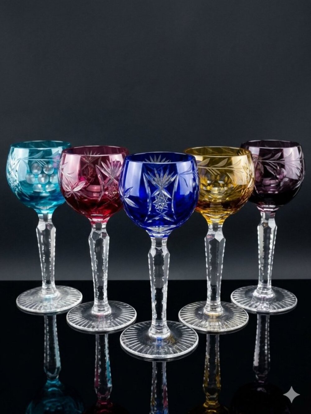 Vintage Lausitzer Cut to Clear Crystal Wine Sherry Glasses Set of 5 Harlequin